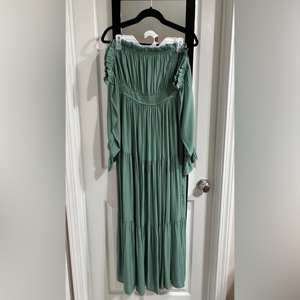 Boho Off-Shoulder Long Sleeve A-line Long Maxi Dress - Sz L (US 12-14) Green - Picture 2 of 7